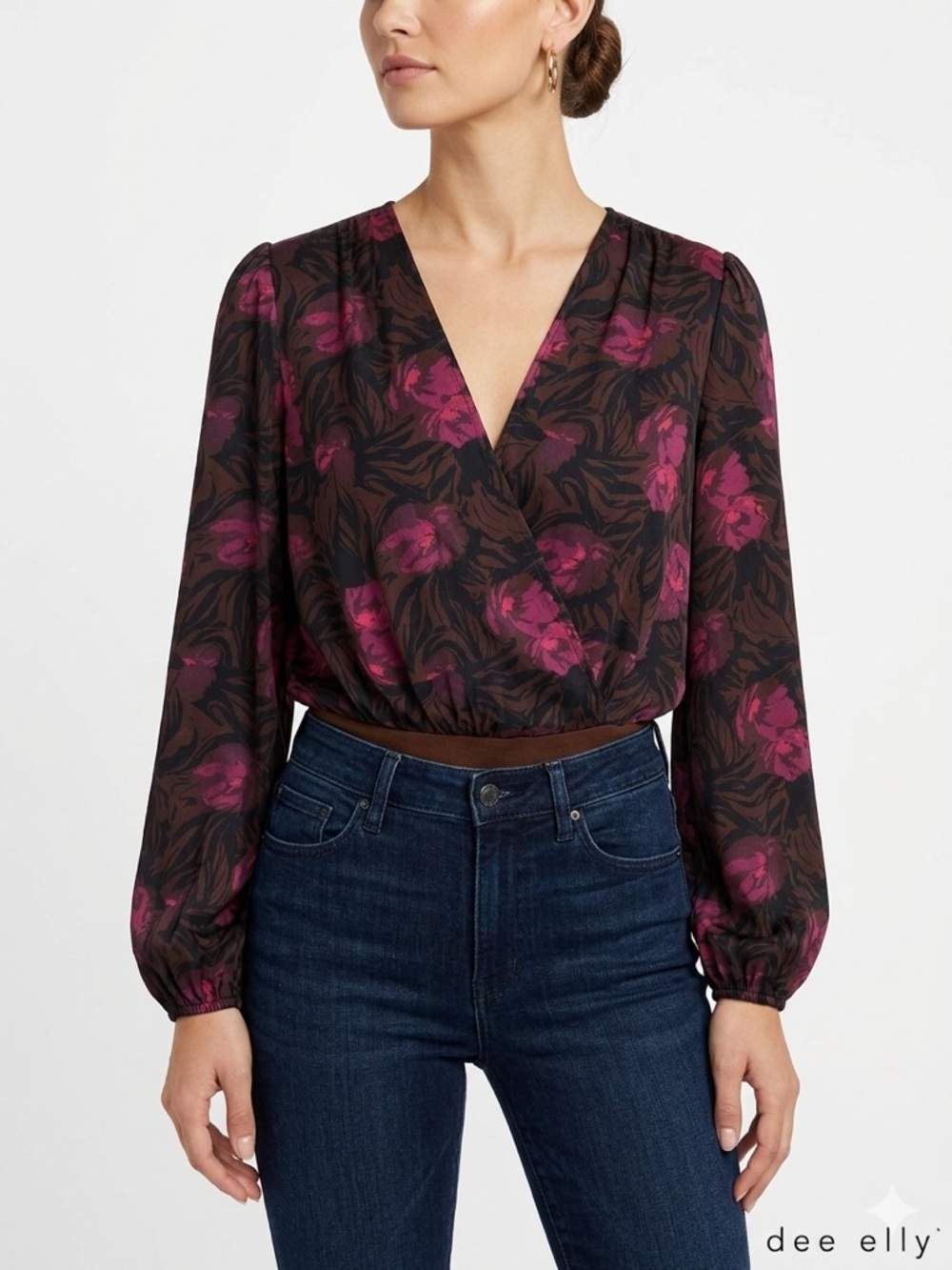 Dee Elly Floral Surplice Long Sleeve Bodysuit Women’s Size Small